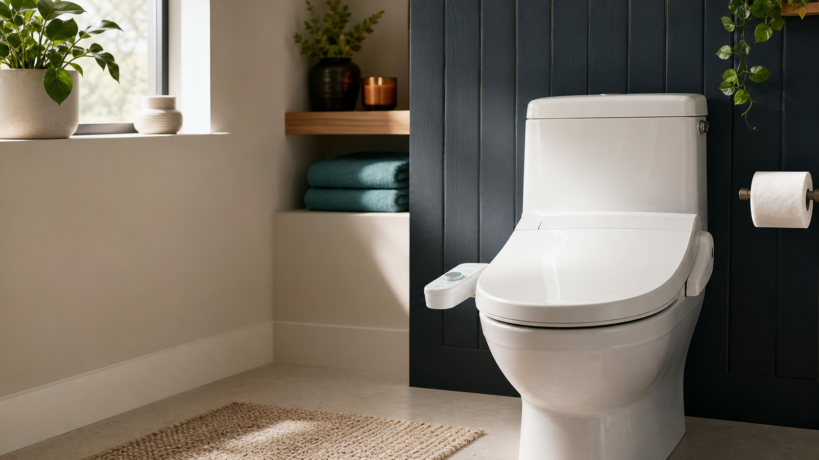 A warm, modern bathroom with a bidet attachment