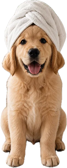 Bidetmon, a golden retriever puppy with a white towel wrapped on his head, sitting politely